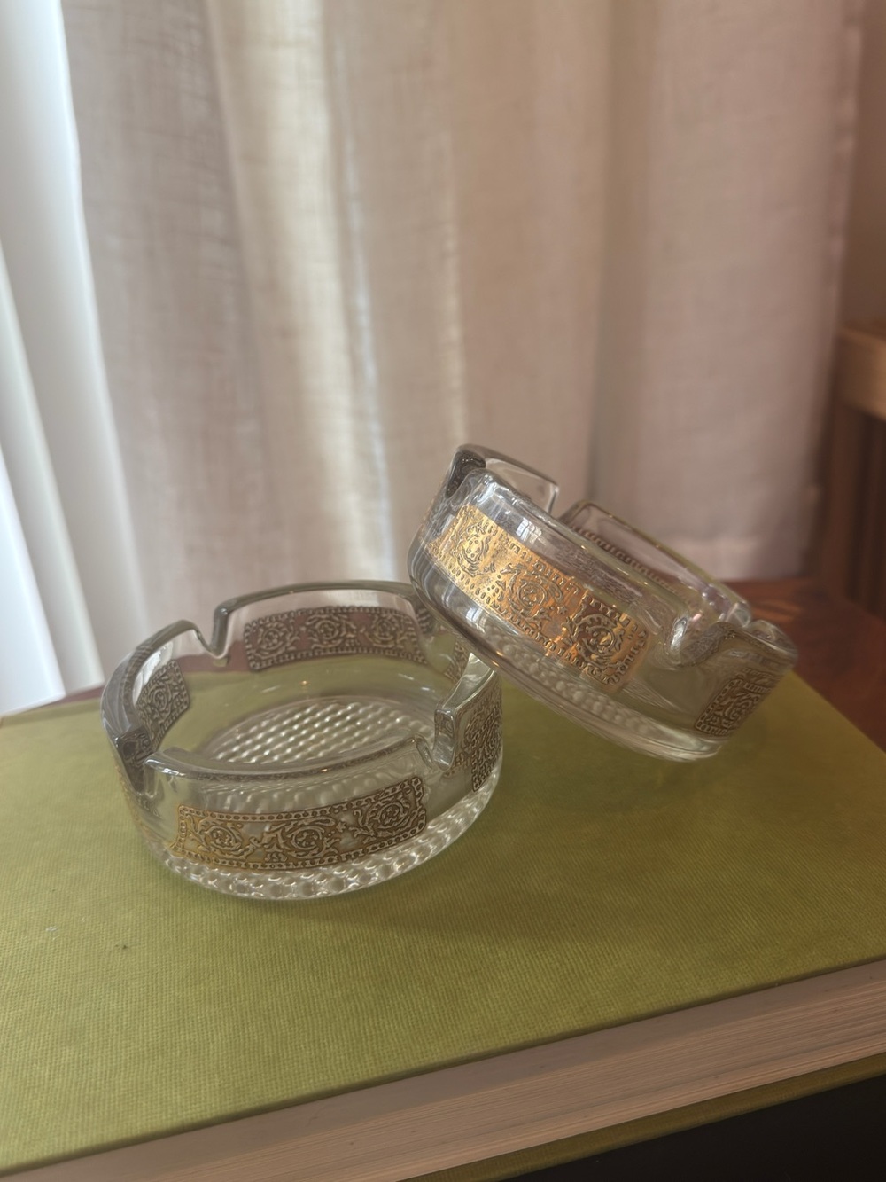 Vintage Glass Ashtray Pair with Gold Accent